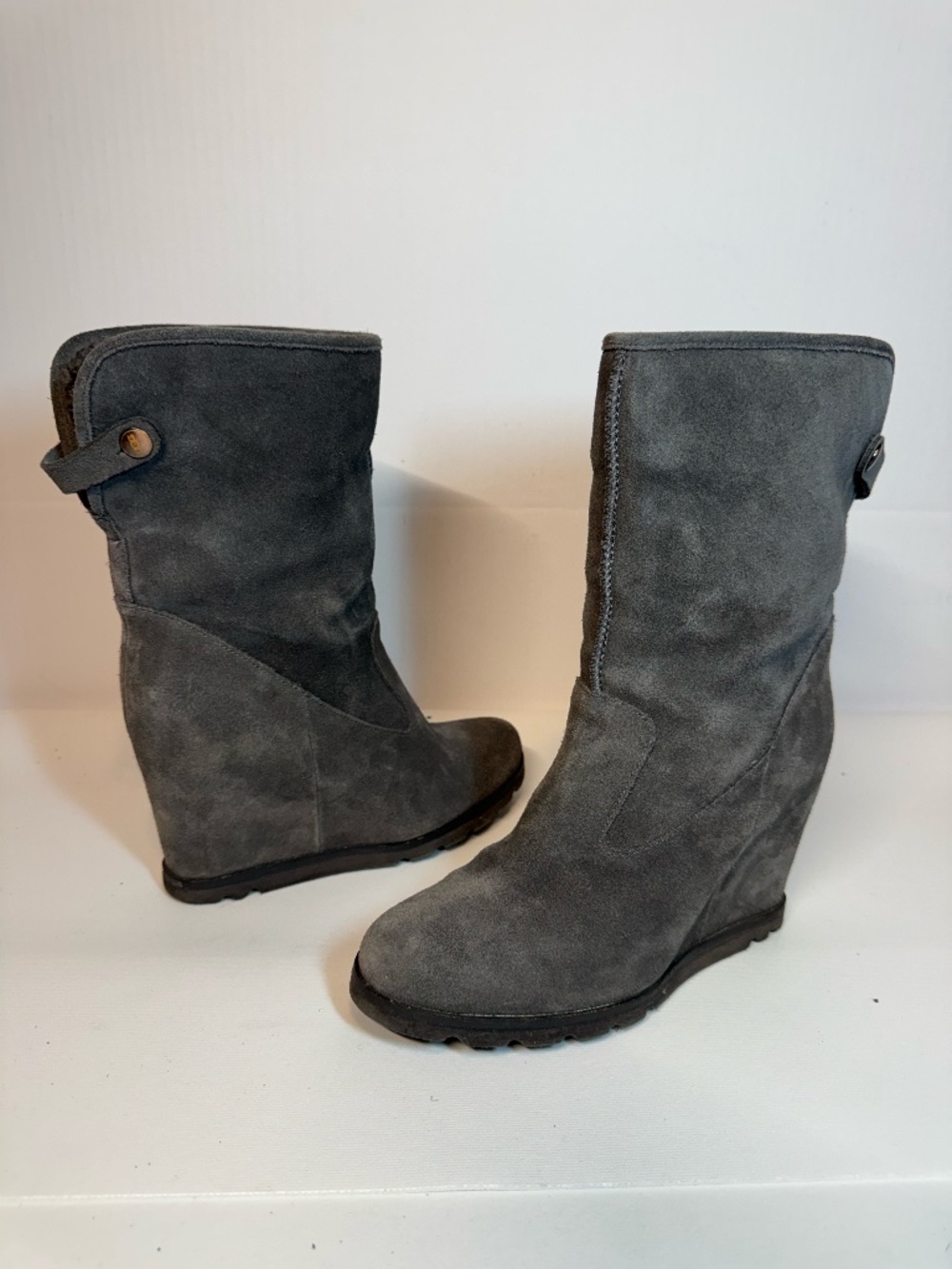 UGG Gray Suede Shearling Lined Tall Wedge Boots Women's 7.5